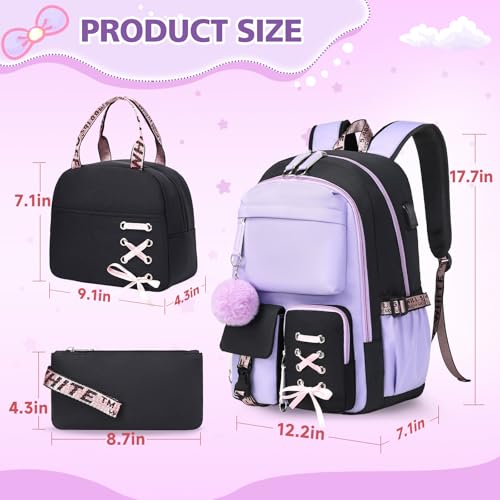Backpack for Girls Women College Laptop Backpacks Girl Cute School Bag Set with Lunch Box Kids Bookbag with USB Charging Port College Middle High School Backpack for Teen Girls Travel Daypack-Purple2