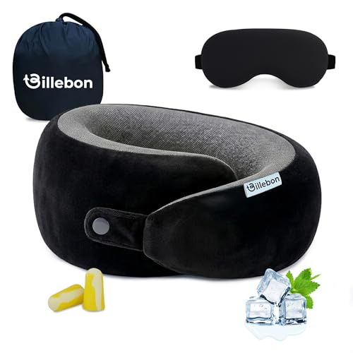 Image of Billebon Ultrasoft Memory Foam Neck Pillow for Travel, Lightweight Comfortable & Breathable Cover, Airplane Travel Pillow Combo with Premium Eye Mask and Carry Bag. (Black)