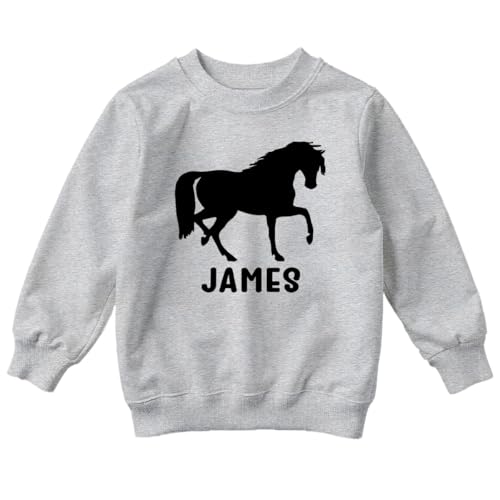 Image of D&T Personalised Horse Riding Kids Sweatshirts Custom Name Childrens Equestrian Top 7-8 Years Sport Grey