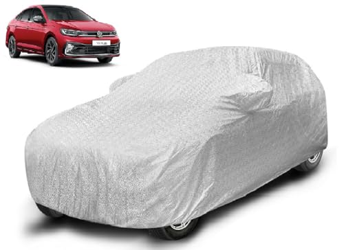 Image of Auto Hub Waterproof Car Cover Compatible with Virtus with Mirror Pockets, Soft Cotton Lining, Virtus Car Cover Waterproof, Metallic Silver