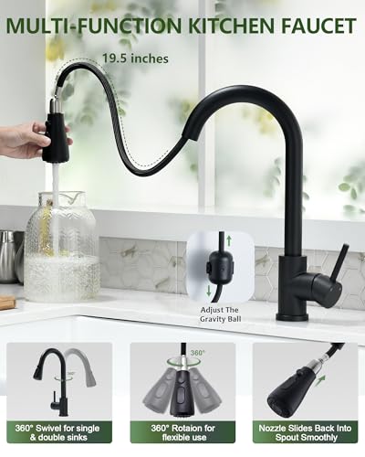 Black Kitchen Faucet with Pull Down Sprayer, VFAUOSIT Industrial Commercial Stainless Steel Single Handle Single Hole 3 Hole RV Laundry Pull Down Pull Out Gooseneck Kitchen Sink Faucets Matte Black - Thumbnail 3