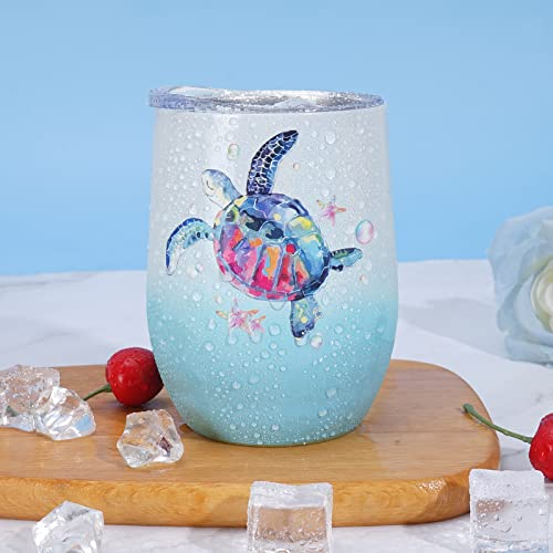 Doudizhu Sea Turtle Insulated Glitter Tumbler, Gifts For Friends, Her, Mom Wine Tumbler 12 Oz Turtle Stainless Steel Cup With Lid, Birthday Gift For Turtle Lovers Beach Ocean Decor #TOP3