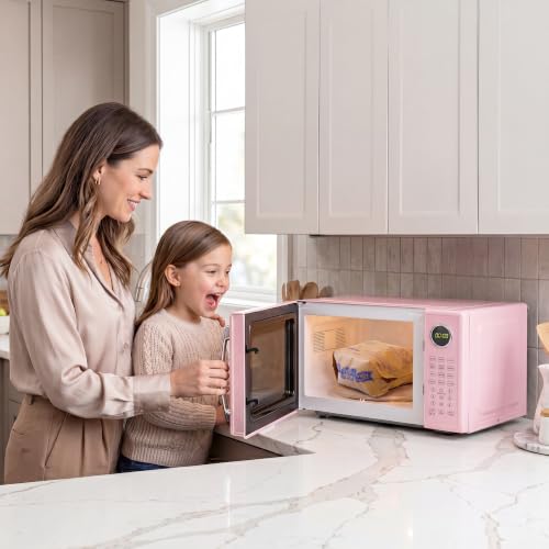 Image of Nostalgia Retro Microwave Oven - 1.1 Cu Ft, 1000-Watt Countertop Size with Glass Turntable, Child Safety Lock, 8 Auto-Cook Programs, Digital Clock - Pink