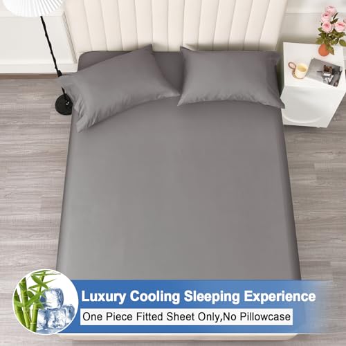 PHF 100% Rayon Derived from Bamboo Cooling Fitted Sheet Twin Size for Hot Sleeper, 16" Deep Pocket, 2.5cm Wider Strong Elastic Easy Fit, Breathable Silky Smooth Soft, 39"x 75",Grey, No Pillowcases