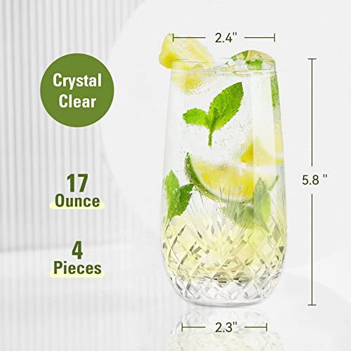 Shoshin Hand Cut Highball Glasses Crystal (Set Of 4, 17Oz) - Elegant Water Juice Drinking Glasses, Everyday Beverage Glasses, Large Collins Glasses Perfect For Restaurant, Kitchen, Bar #TOP1