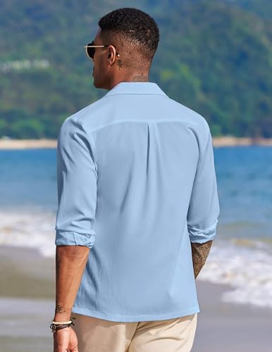 Image of DEELMO Mens Casual Button Down Shirt Summer Beach Shirts Long Sleeve Cuban Collared Tropical Textured Shirts