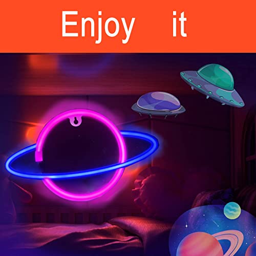Image of YouokLight planet neon signs for wall decor, LED neon light wall mount USB or battery powered planet light, aesthetic hanging Saturn, planet neon lights for bedroom, game room, pink and blue
