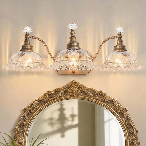 PUAMUBUA Vintage Bathroom Vanity Light, 3-Light Brass Light Fixtures Over