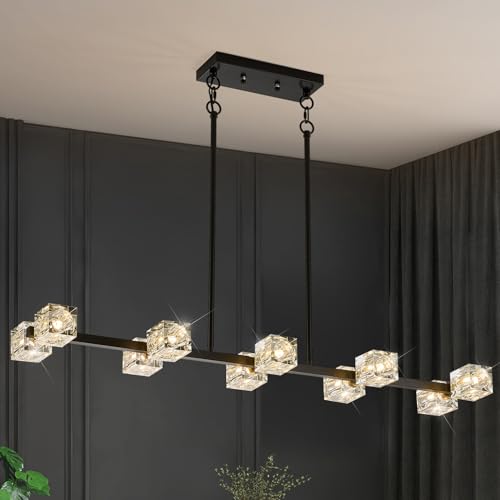 Image of Black Gold Crystal Chandelier 10-Light L 43 inch Modern Sputnik Ceiling Pendant Light Fixture Industrial Adjustable Hanging Lights for Dining Room Kitchen Island Living Room Bar
