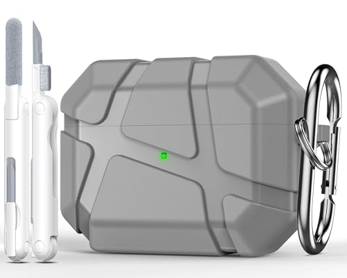 R-Fun AirPods Pro 2�P�[�X �ϏՌ��V���R���ی�P�[�X AirPods Pro ��2����Ή� �n�[�h�V�F���f�U�C�� ���h�~ �t�����gLED���C�g�t�� �J���r�i�t�� �O���[