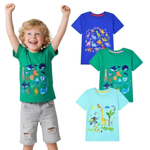 Image of HILEELANG Toddler Boy Short Sleeve Tee Shirts Summer Cotton Casual Graphic Crewneck Tshirt Packs