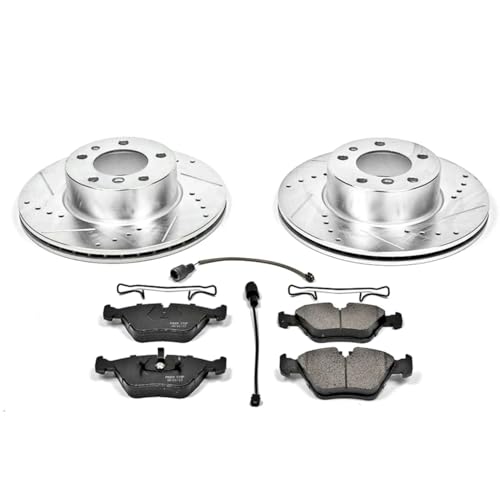Image of PowerStop Front Brake Kit for BMW 525i 1990-95 |525iT 1993 |530i 1994-95 |535i 1990-93 - Drilled and Slotted Disc Rotors with Carbon-Fiber Ceramic Brake Pads Replacement, K390