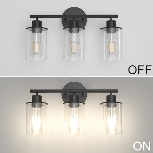Image of Aipsun Bathroom Vanity Light Farmhouse 3 Light Matte Black Vanity Lighting Fixtures with Clear Glass Shade(Exclude Bulb)