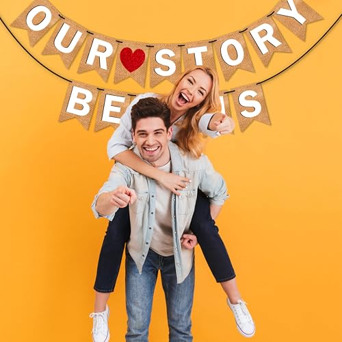 Image of Wobbox Jute Style White Text & Red Heart inchOur Story Begins inch Pre Wedding Bunting Banner, Pre-Wedding Decoration Item