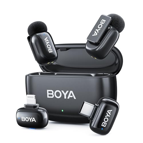BOYA MINI2 en 1B Micrófono inalámbrico de Solapa para Lightning&USB C, Ultra Mini micrófono con conmutación de Voz AI, reducción de Ruido y Estuche de Carga