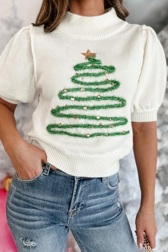 Women's White Tinsel Christmas Tree Graphic Puff Sleeve Sweater2