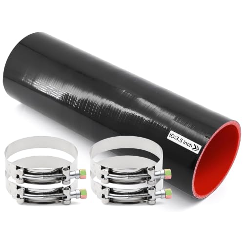 Image of ID 3-1 /2 Inch Straight Coupler Silicone Hose 4 Ply 12 Inch Length as Turbocharger Tube Air Intake Pipe with 4 Stainless Steel T Clamps