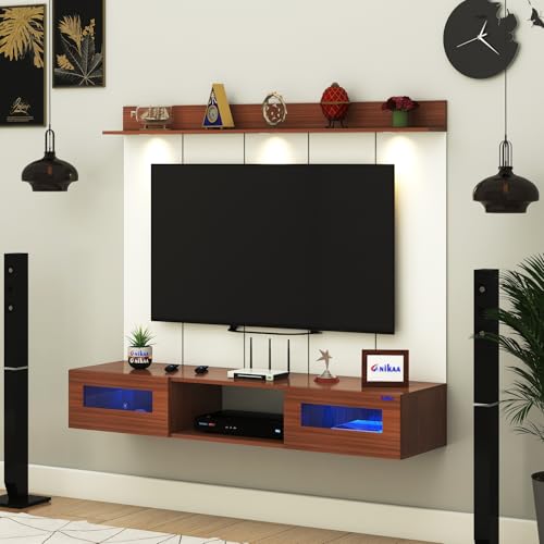 Image of Anikaa Orilo Wall Mounted PVC Back Panel TV Unit with Spot & Blue Ambient LED Light - Acrylic Storage Box, Display Shelf & Soft-Close Hinges | Ideal for UP to 50 Inch TV (Walnut - DIY Installation)