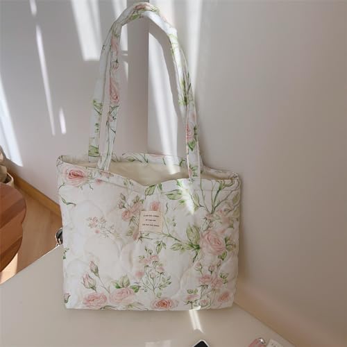 Image of Floral Quilted Cotton Shoulder Bag for Women Medium Size Handbag Large Capacity Thickened Design Tote