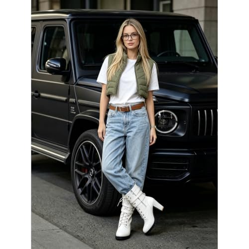 Image of Caradise Womens Lace Up Mid Calf Goth Chunky Heel Combat Boots with Buckles