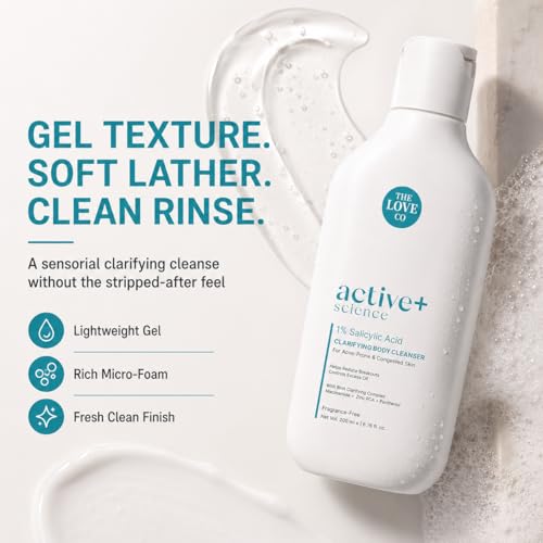 Image of THE LOVE CO. 1% Salicylic Acid Body Wash for Acne-Prone Skin, Clarifying Body Cleanser with Niacinamide, Zinc PCA & Panthenol, Fragrance-Free Shower Gel for Body Acne & Strawberry Skin, 200 ml
