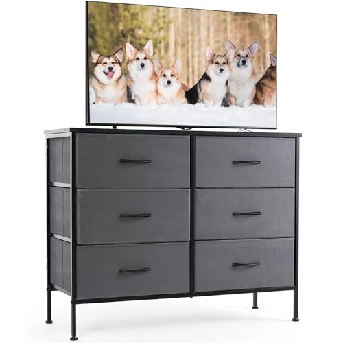Sweetcrispy 6 Drawer Dresser for Bedroom, Fabric Chest of Drawers Dressers, Storage Tower Unit with Fabric Bins, Bedroom Dresser for Closet, Living Room, Hallway, Wood Top, Steel Frame, Grey