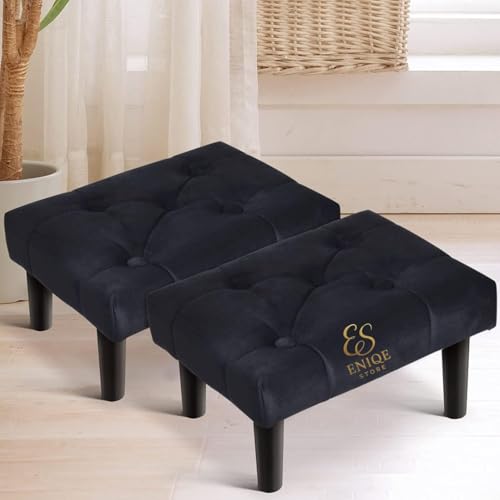 Image of Additional Seating for The Living Room, Office, or Entryway: Wood Legs, Velvet Soft Foot Stool Ottoman, Sofa Footrest (Set of 2-Black)