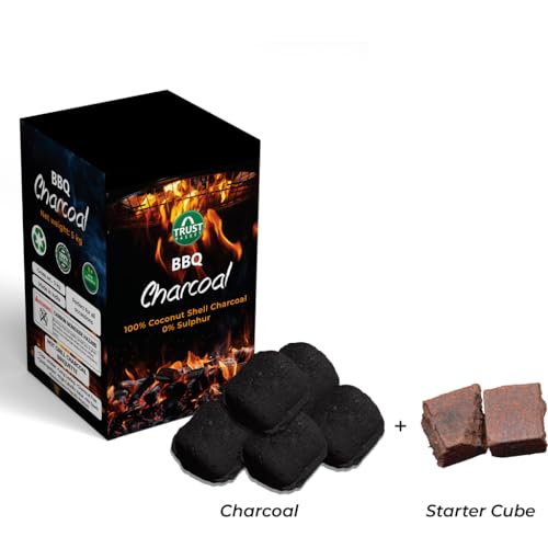Image of TrustBasket Charcoal Briquettes (5kg) with Free Starter Cubes - Long Burning Barbeque Charcoal with Low Smoke (Used in Grilling /Barbecue, Home) -Set of 4