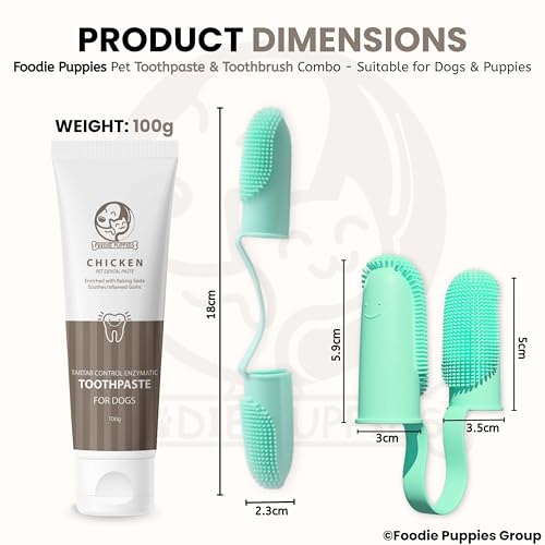 Image of Foodie Puppies Pet Dental Care Combo of Toothbrush and Toothpaste - (Couple Toothbrush + Chicken Toothpaste, 100gm) Enriched with Baking Soda Soothes Inflame Gums and 2in1 Finger brush