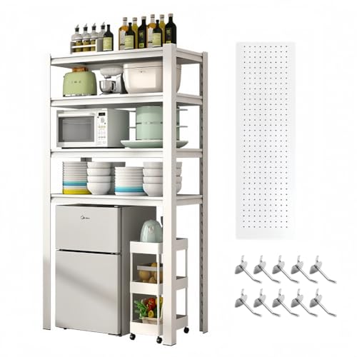 MISHIP 多機能キッチンラック 4段 ゴミ箱上収納 冷蔵庫 洗濯機ラック 幅80×奥行30×高さ138cm フック10個付 専用パンチングボード付 アキッチンラック キッチン収納 食器棚 収納棚 キャビネット オープンラック
