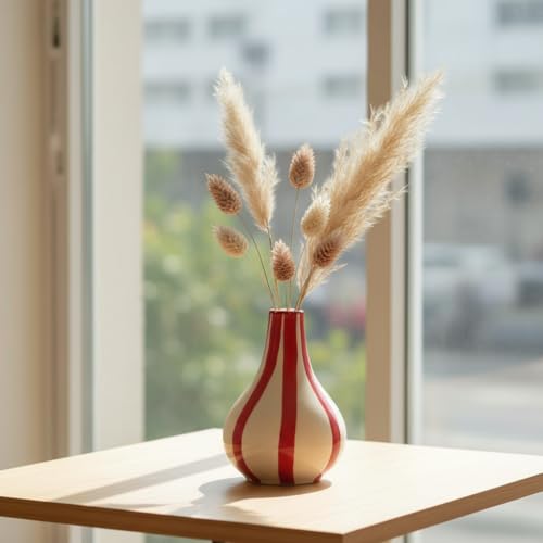 Image of PUREZENTO Red & White Striped 'Tulip Bud' Ceramic Vase 6 Inch (Pack of 1) | Unique Modern Bud Vase for Dried Flowers & Pampas Grass | Vases for Modern Home Decor, Living Room & Office Decor Ideas