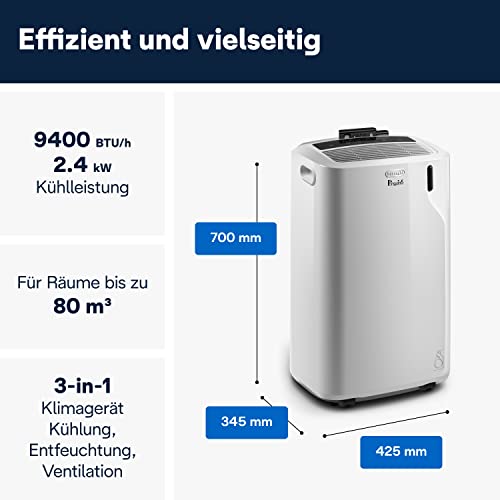De'Longhi Pinguino PAC EM82, Mobile Klimaanlage für Räume bis zu 80 m³, 9.400 BTU, 2,4 kW, 63 dB, Entfeuchtungsfunktion, Energieklasse A, 24h-Timer, Weiß – Bild 3