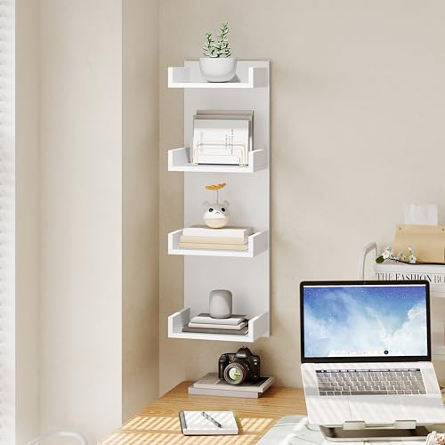 Image of HOOBRO Floating Wall Shelves with LED Lights, Floating Shelf Wall Mounted for Storage, Vertical Display Stand, Modern Column Rack, for Bedroom, Livingroom, 4-Tier, 35.4 Inches, White, WT41DBJ01