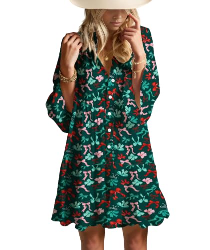 Image of Opemiby Summer Dresses for Women 2026 Flowy Ruffle 3 /4 Bell Sleeve V Neck Tiered Casual Babydoll Boho Floral Beach Mini Dress