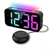 Doppel-Wecker mit RGB-LED-Display, Schlummerfunktion und Vibrationsmodus für lautlose Ups, geeignet für den Nachttisch mit einstellbarer Helligkeit und mehreren Lautstärkestufen (farbige Zeichen)