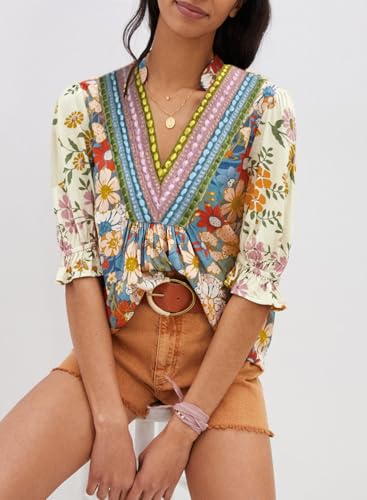 Melliflo Womens Boho Floral Blouse Shirt Embroidered V Neck Half Sleeve Ruffle Loose Tops Fashion Fall Outfits 20252