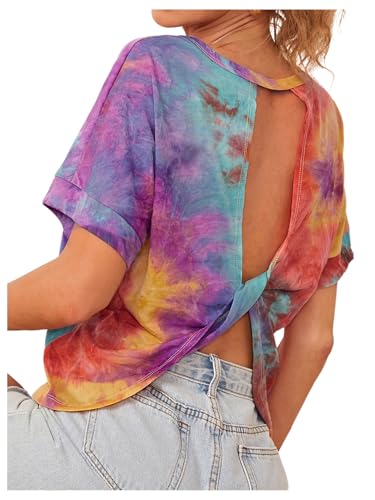 T-shirt décontracté tie dye pour femme à manches courtes et dos découpé torsadé