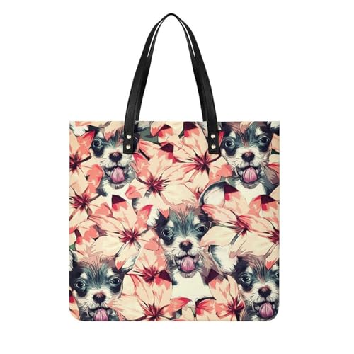 Grand Tote Bag Chien Et Fleur Pour Femme Sac À Main Spacieux Anti Encombrement Voyage