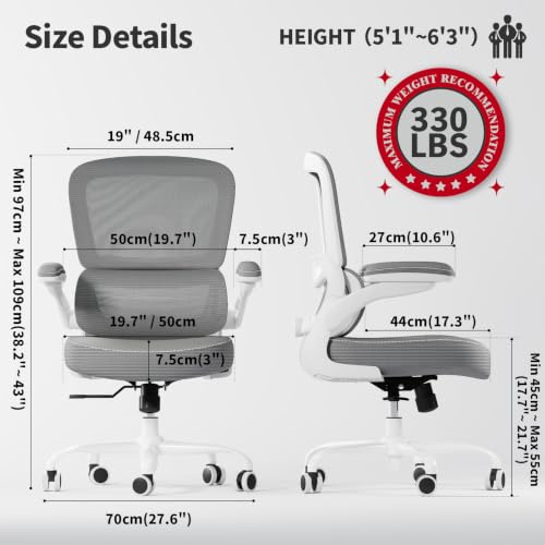 Image of TRALT Ergonomic Office Chair - Desk Chair with Adjustable Lumbar Support Computer Chair - Mesh Comfy Chair with Flip-up Armrests - Gaming Chairs for Adults Home Office (Leather, Grey)