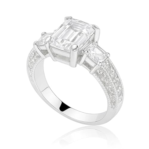 FAIRY COUPLE 2.5ct Three-Stone Emerald Cut Engagement Ring for Women, Vintage Art Deco 18K White Gold Plated Simulated Diamond Ring, Travel Replacement Ring R23 (7)