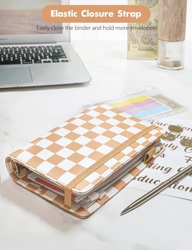 Image of A6 Budget Binder for Money Saving, PU Leather Budget Planner with 8 Cash Envelopes, Budget Sheets & Rose Gold Category Stickers, Money Organizer for Cash (Tan Checkered)