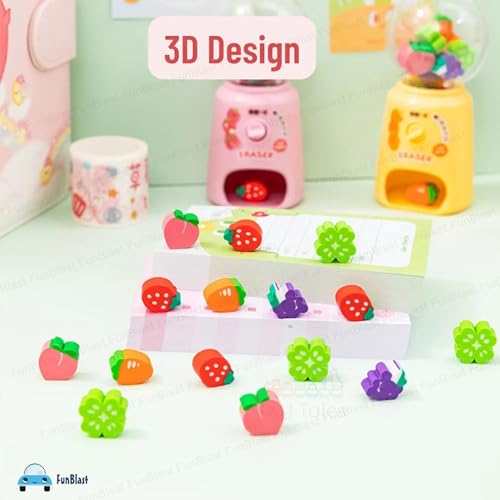 Image of FunBlast Machine Eraser Set - 15 Pcs Fruit Shaped Eraser Dispenser Toy, Mini Kawaii Erasers for Kids, Fancy Erasers for School & Office, Stationery Supplies, Birthday Return Gift for Kids (Pink)
