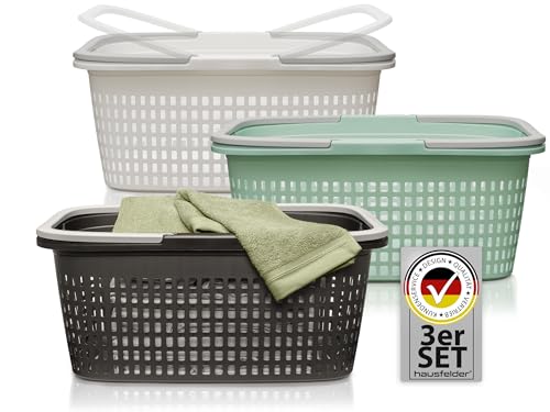 Hausfelder Wäschekorb 3er Set, stapelbar mit Henkel - Hausfelder Wäschekörbe 3er Set 35L - stabile Wäschewanne mit Griffen für Bad & Haushalt