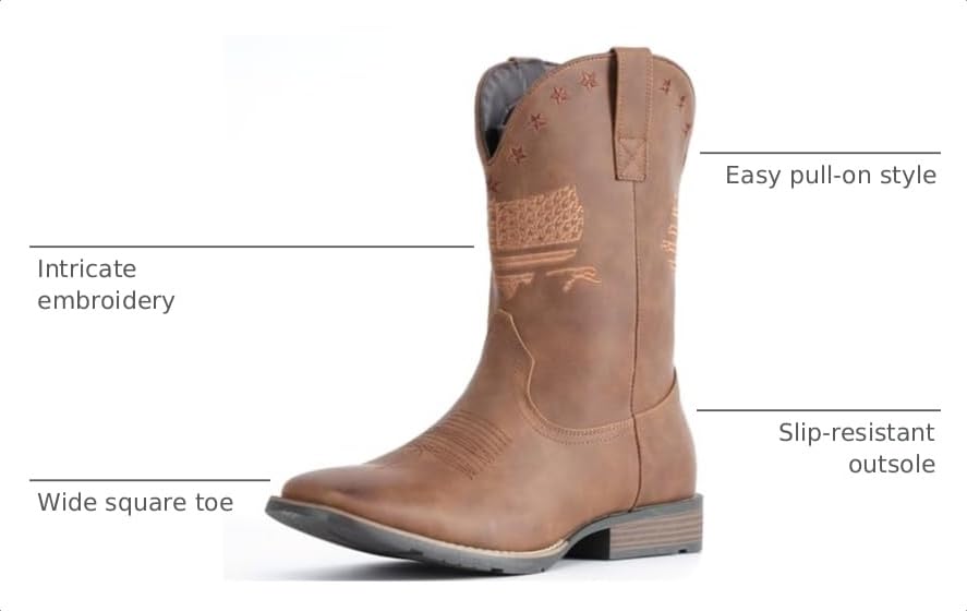 Image of IUV Cowboy Boots For Men Wide Western Boot Traditional American Flag Retro Square Toe Country Work Boots