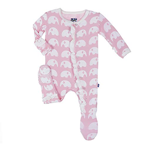 KicKee Pants Essentials Girls Ruffle Footie Pajama, Lotus Elephant, 3-6 Months