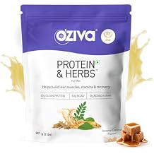 OZIVA Protein & Herbs for Men, Banana Caramel Protein Powder for Men for Muscle Building, Recovery, and Better Stamina with 23G Whey Protein + 15 Multivitamin for Men, Certified Clean 1Kg