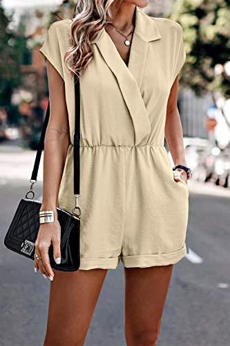 Prettygarden Women's Romper Dressy Summer 2023 Wrap V Neck Short Sleeve Wide Leg Shorts One Piece Jumpsuits (Apricot,Large) #TOP2