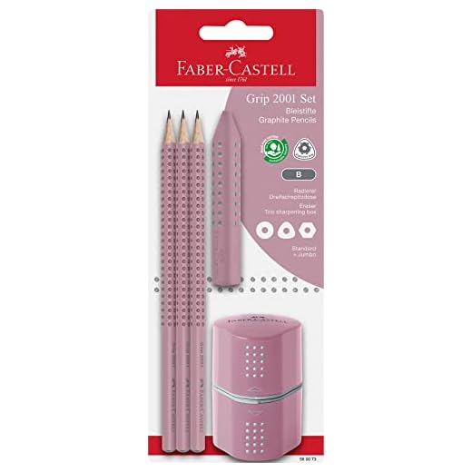 Faber-Castell Grip 2001 580073 - Juego de lápices (dureza B, incluye goma de borrar y sacapuntas, 3 unidades), color rosa