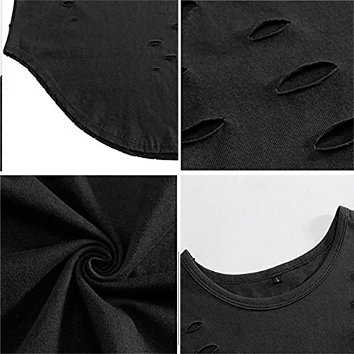Mens Solid Color Ripped T-Shirts Short Sleeve Round Neck Hole Muscle Tee Plus Size Curve Hem Loose Shirt Tops4