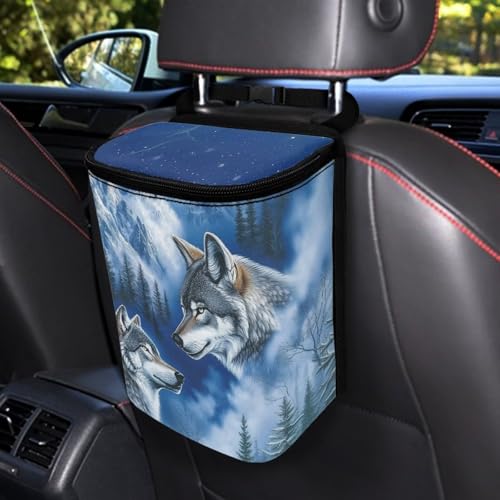 Image of Talayituse Wolf Mountain Print Car Trash Can with Lid, Leak Proof Auto Trash Bag Hanging Vehicle Garbage Can Multipurpose Storage Container for Back Seat Road Trip